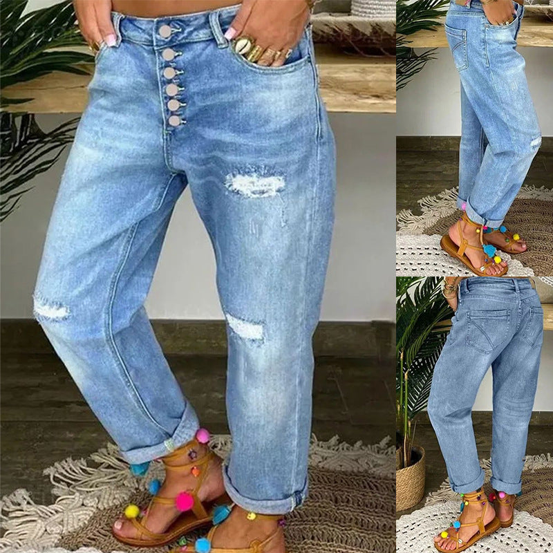 Distressed High-Waist Boyfriend Jeans