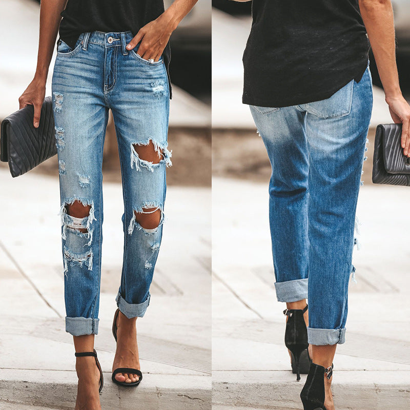 High-Waisted Destroyed Boyfriend Jeans