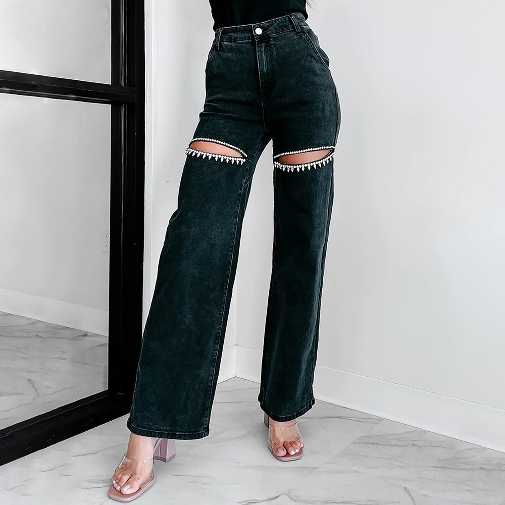 Studded Ripped Straight Jeans