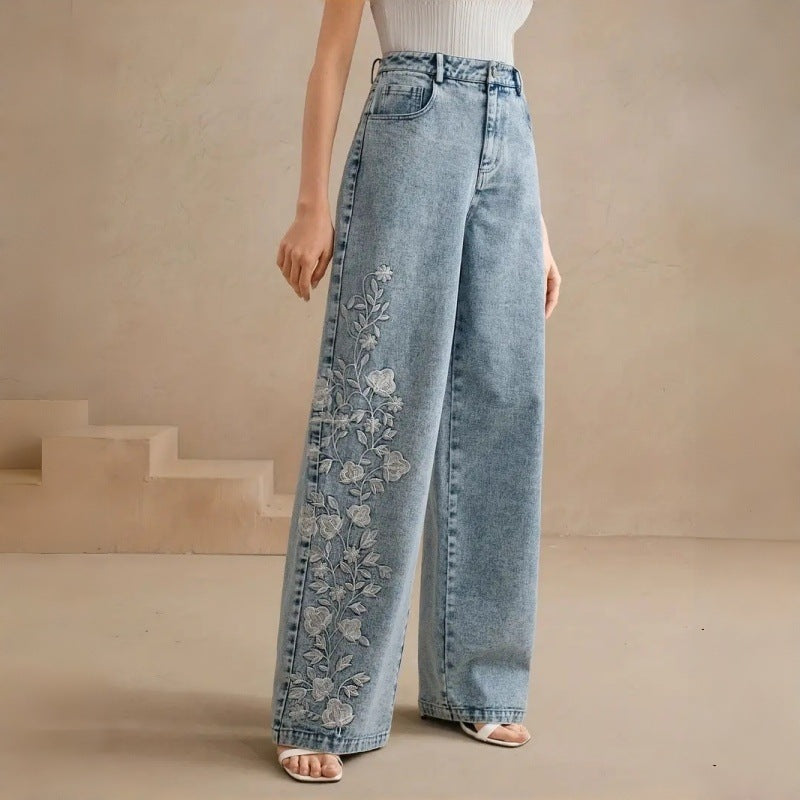 Floral Embroidered Wide Leg Jeans