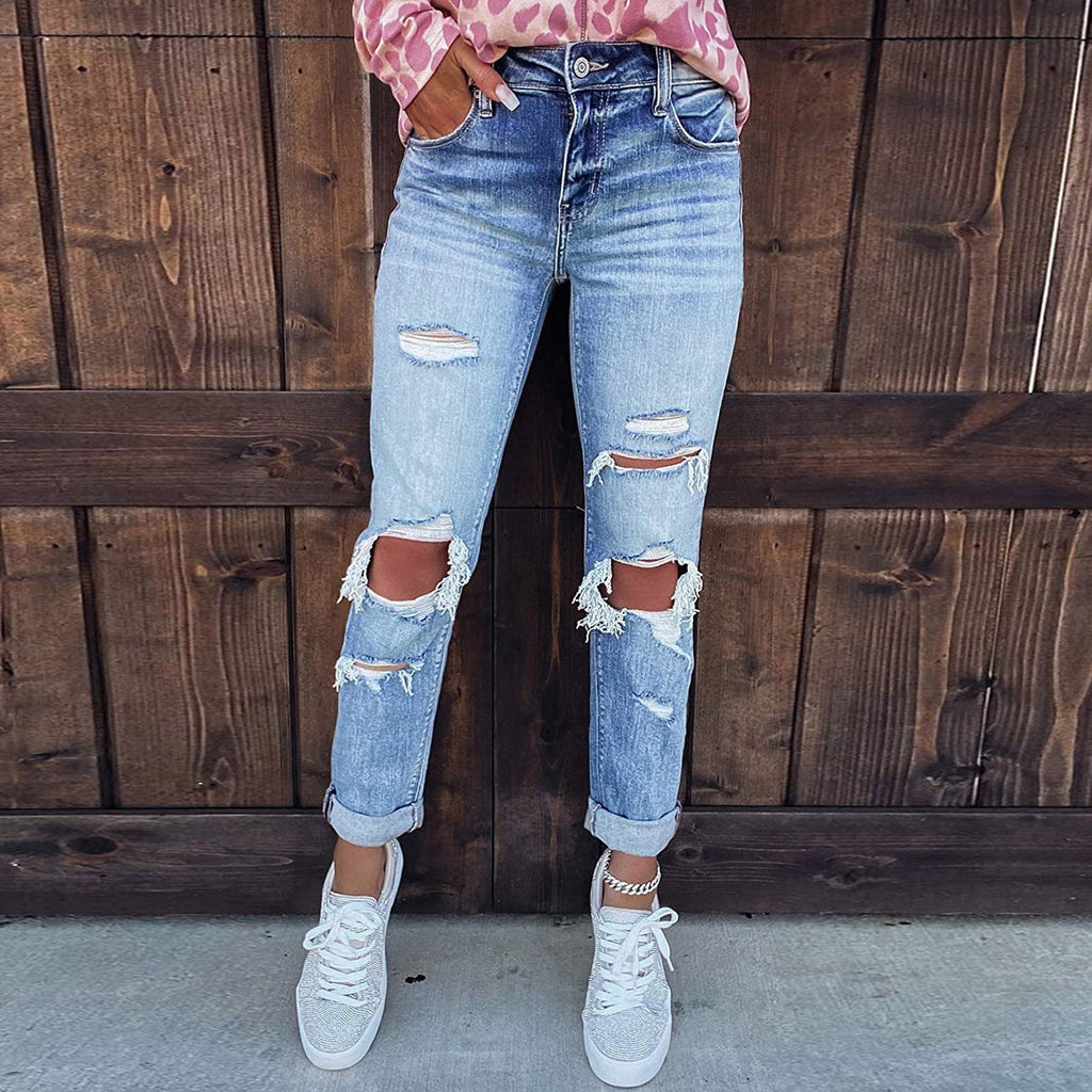 High-Rise Distressed Boyfriend Jeans