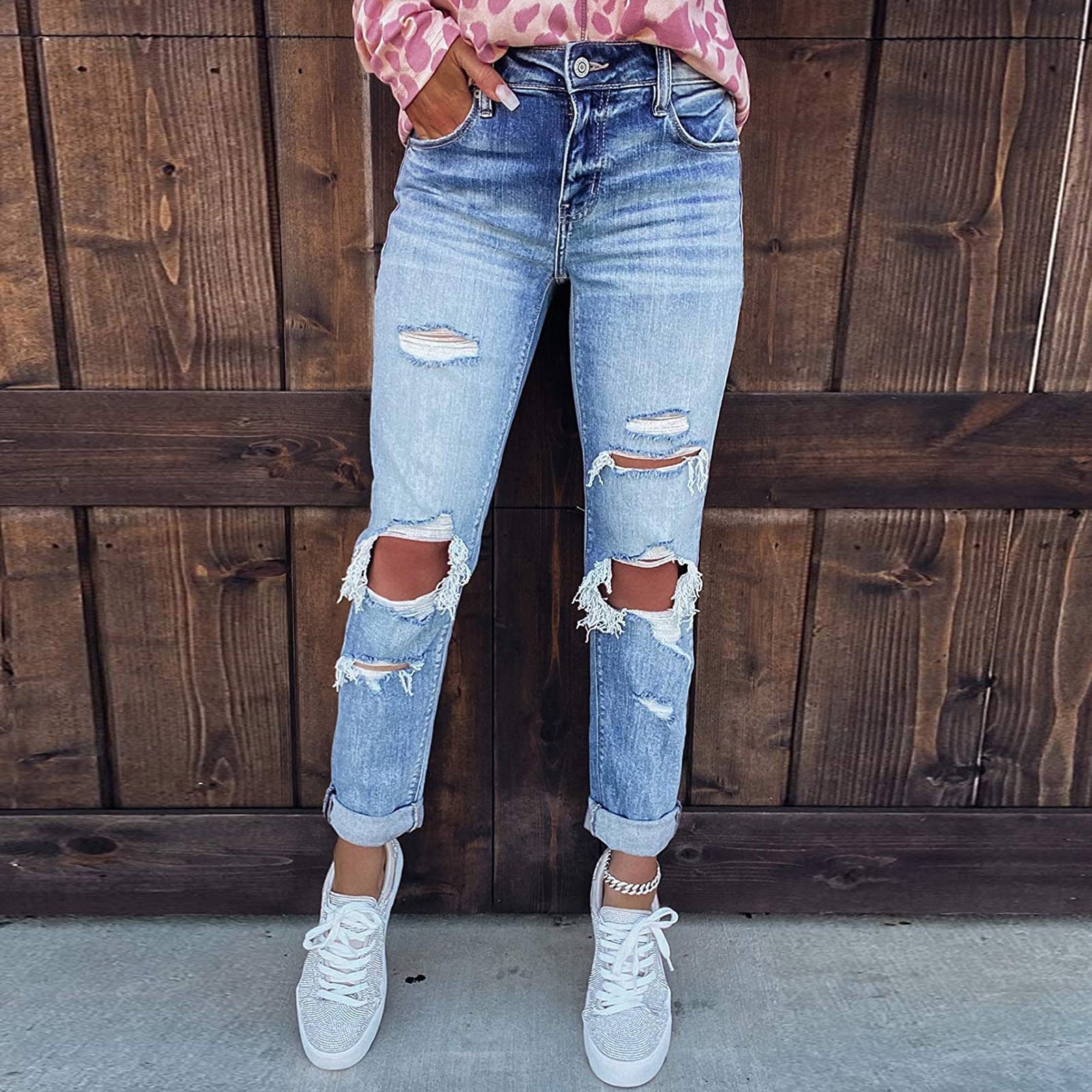 High-Rise Distressed Boyfriend Jeans