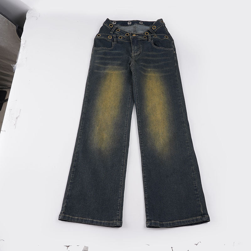 Button Detail Wide Leg Jeans