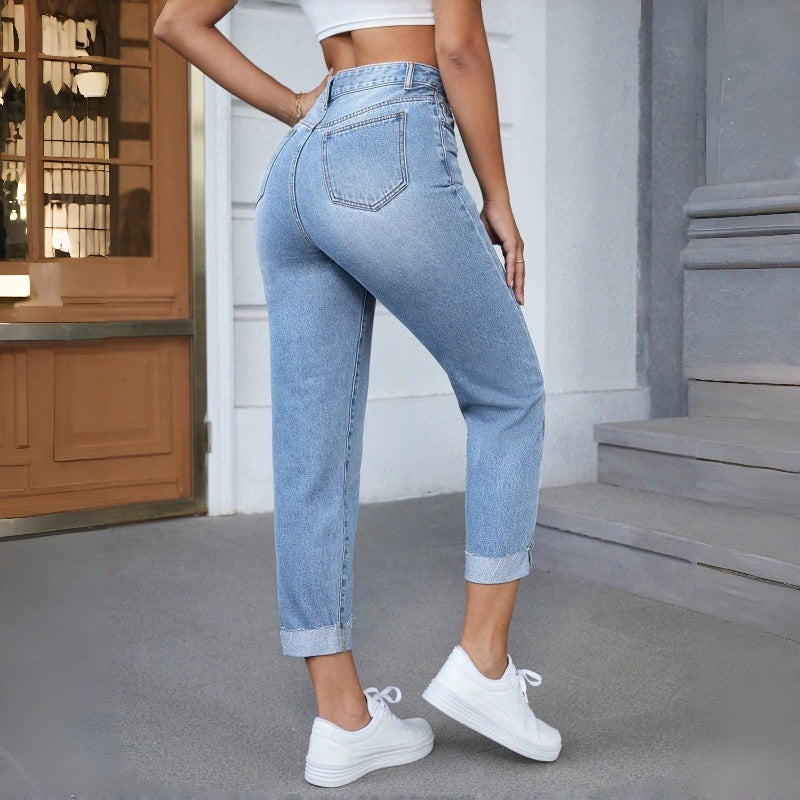 High Waist Frayed Denim Jeans