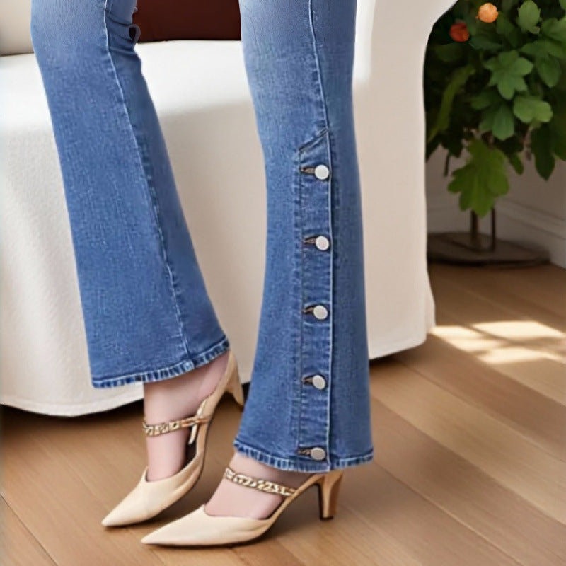 High-Waist Button Bootcut Jeans