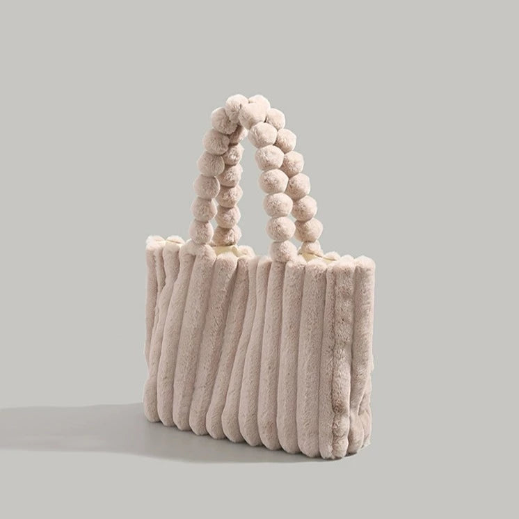 Faux Fur Pom Pom Shoulder Tote Bag