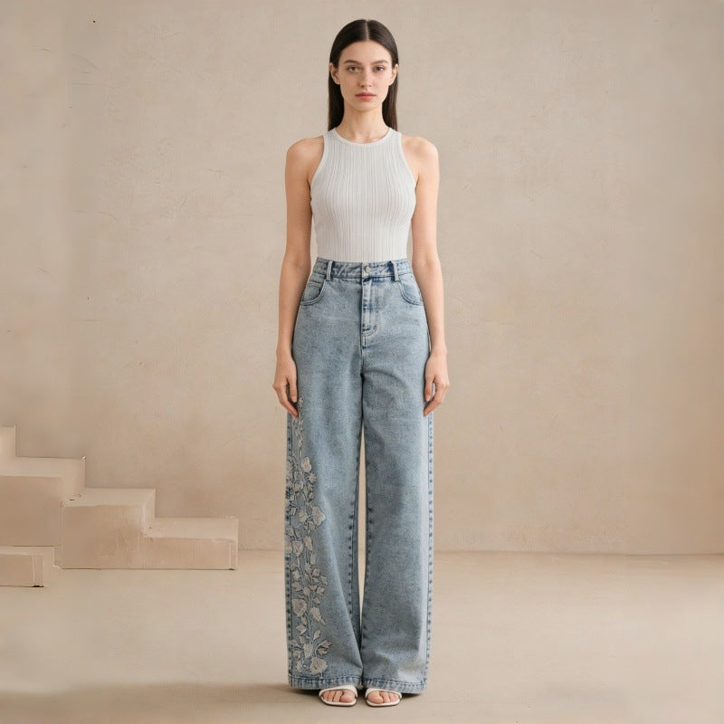 Floral Embroidered Wide Leg Jeans