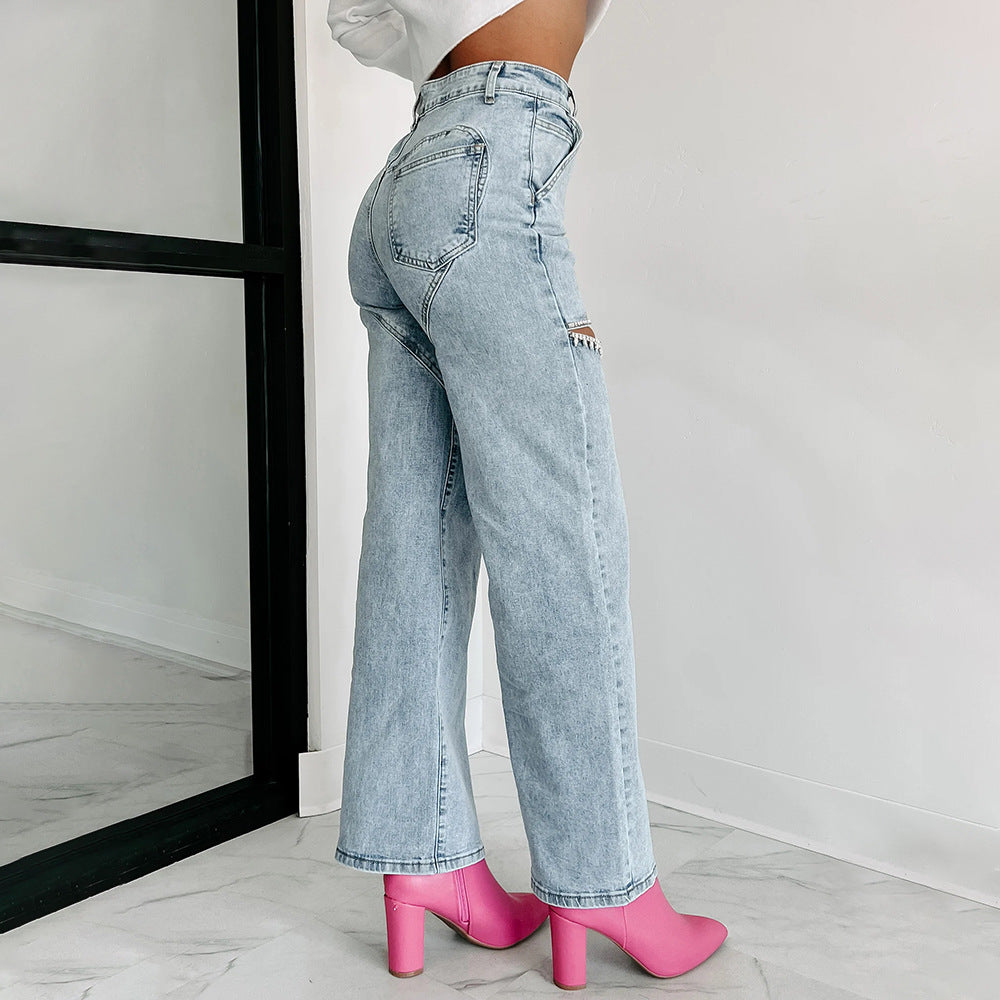 Studded Ripped Straight Jeans