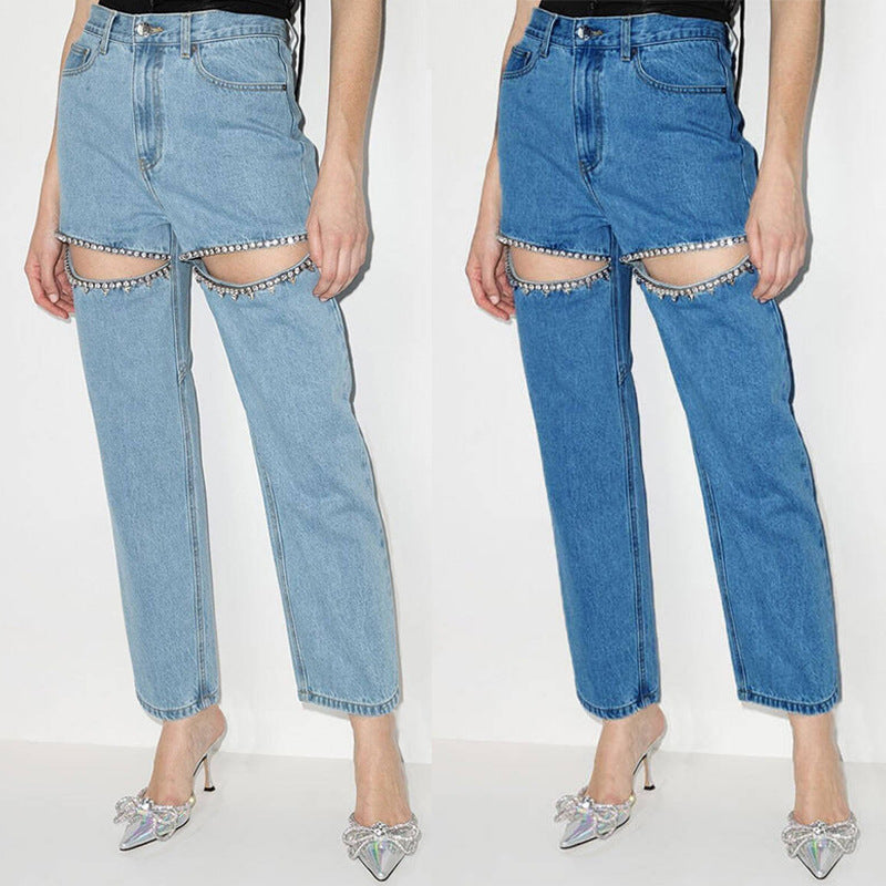 High Waist Rhinestone Jeans