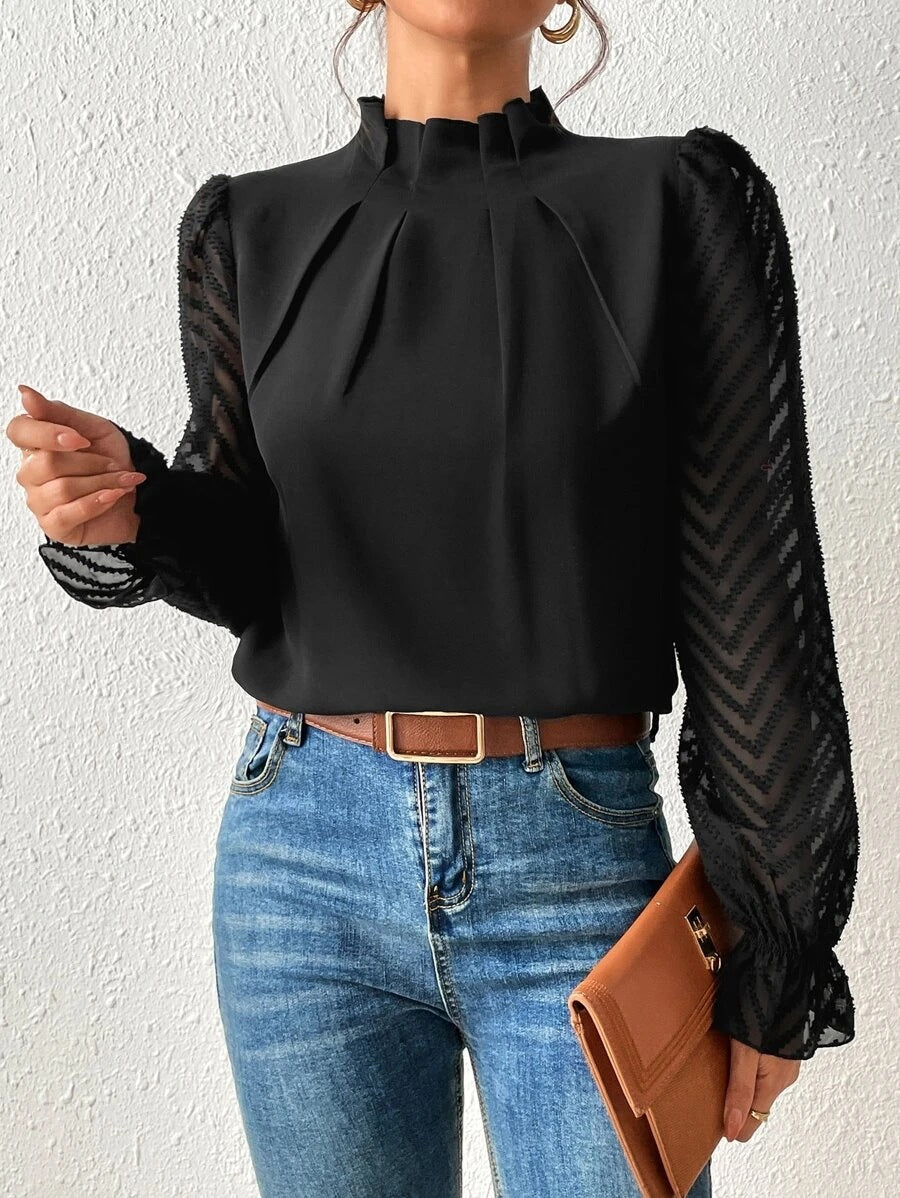 Mock Neck Sheer Sleeve Blouse