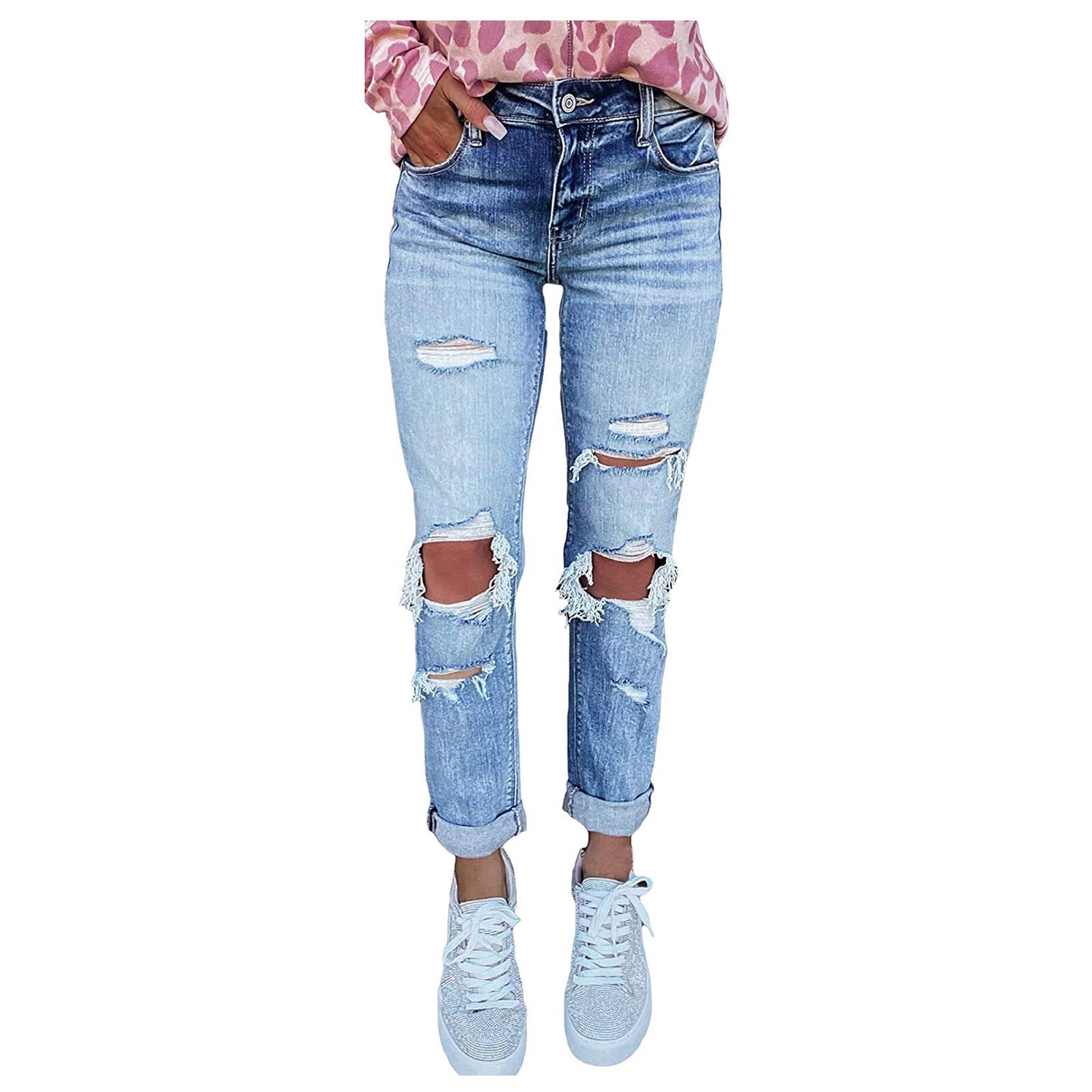 High-Rise Distressed Boyfriend Jeans