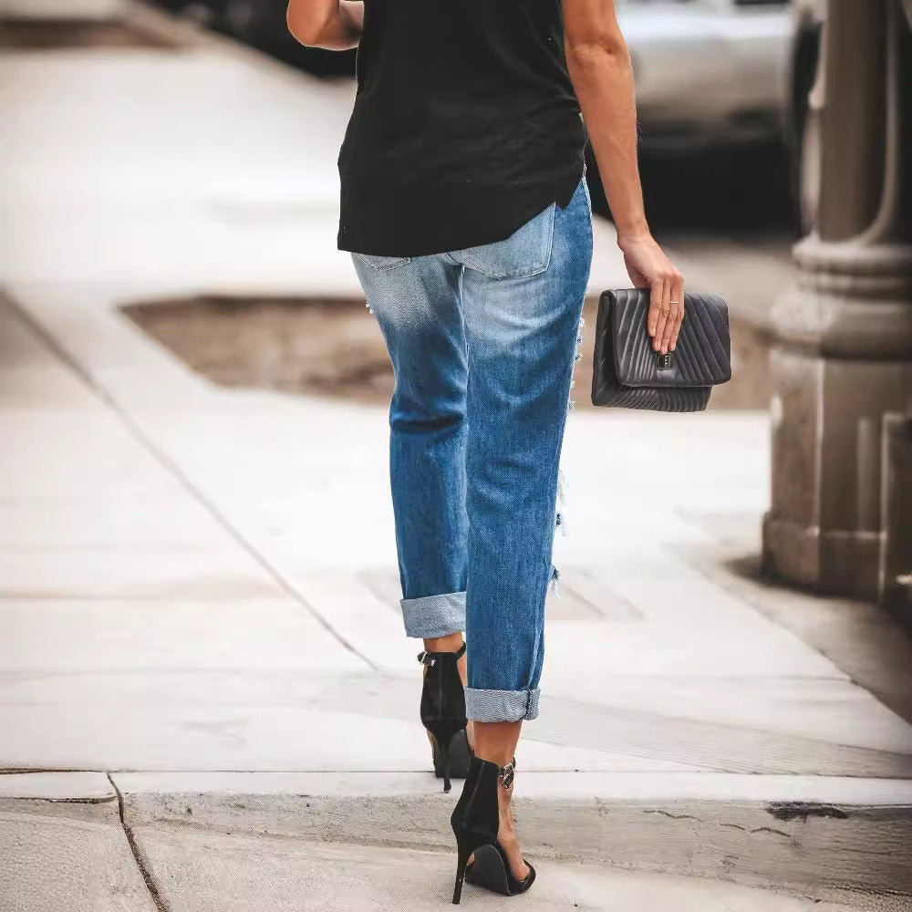 High-Waisted Destroyed Boyfriend Jeans