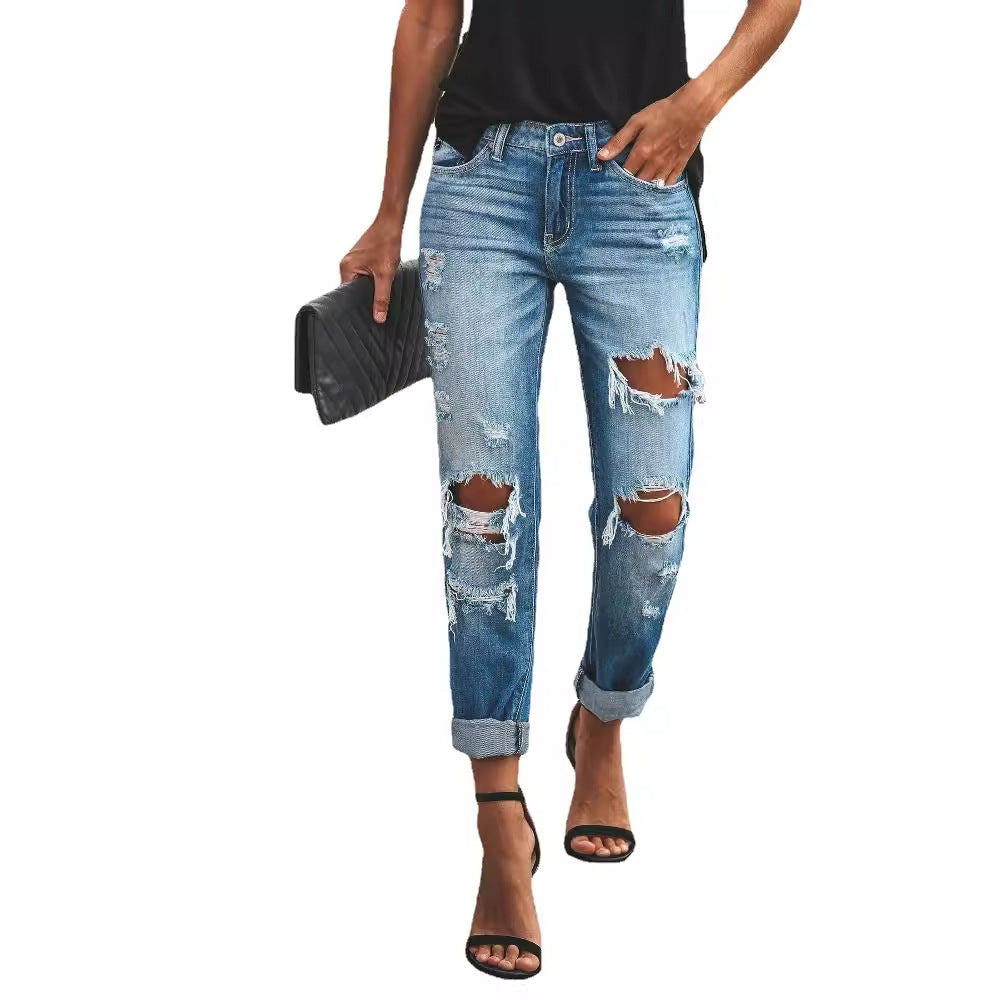 High-Waisted Destroyed Boyfriend Jeans