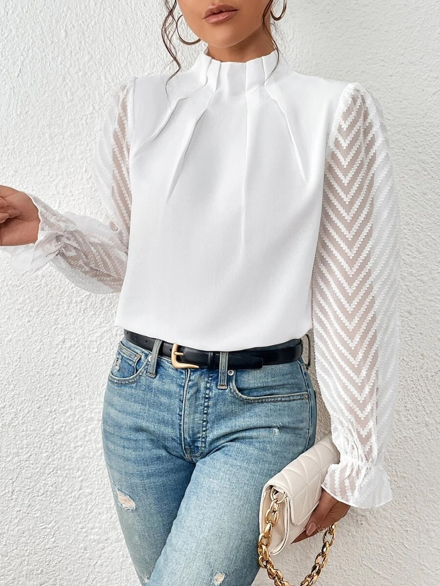 Mock Neck Sheer Sleeve Blouse