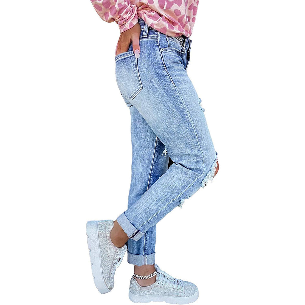 High-Rise Distressed Boyfriend Jeans