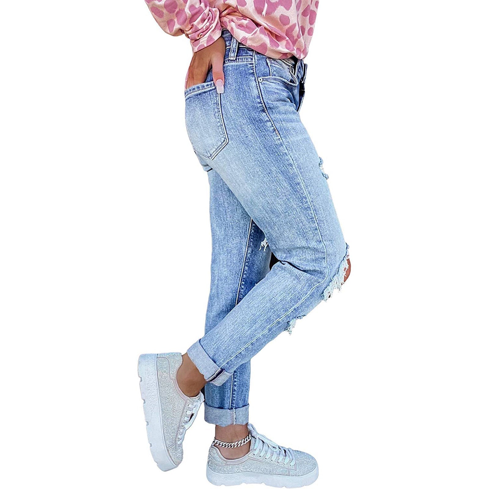 High-Rise Distressed Boyfriend Jeans
