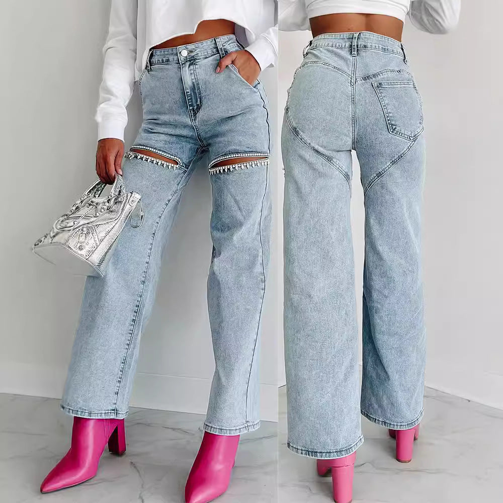 Vintage Wash Glitter Knee Jeans