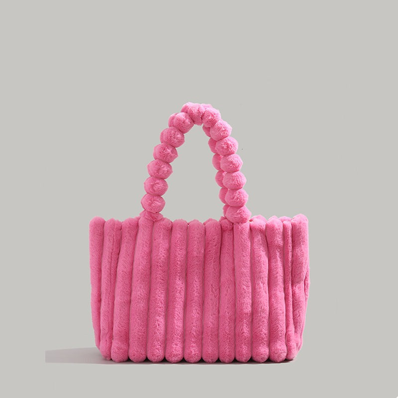 Faux Fur Pom Pom Shoulder Tote Bag