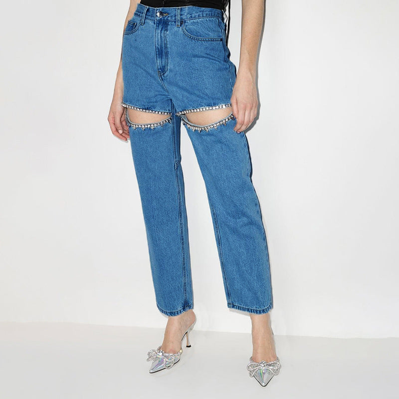 Rhinestone Cut-Out Jeans