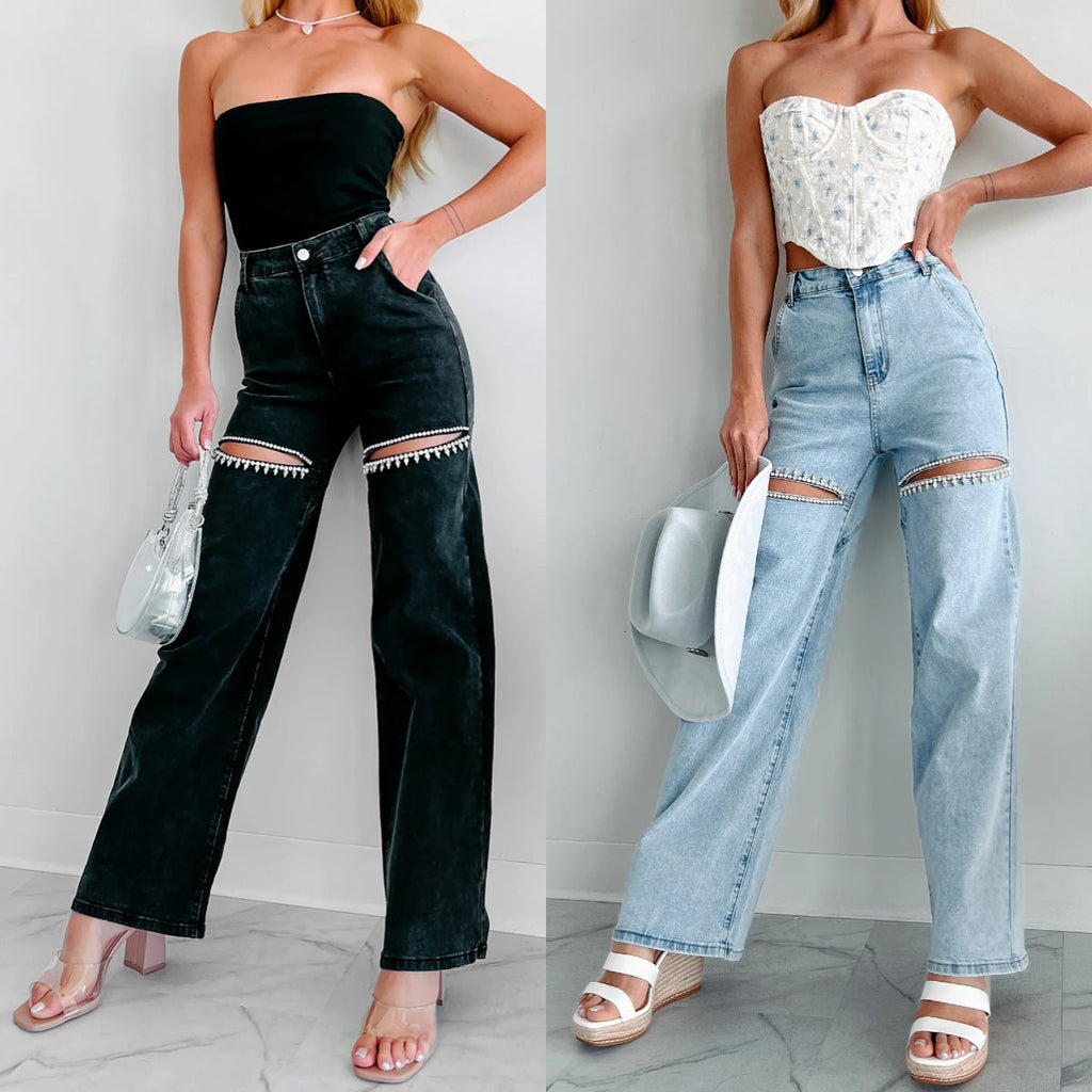 Studded Ripped Straight Jeans