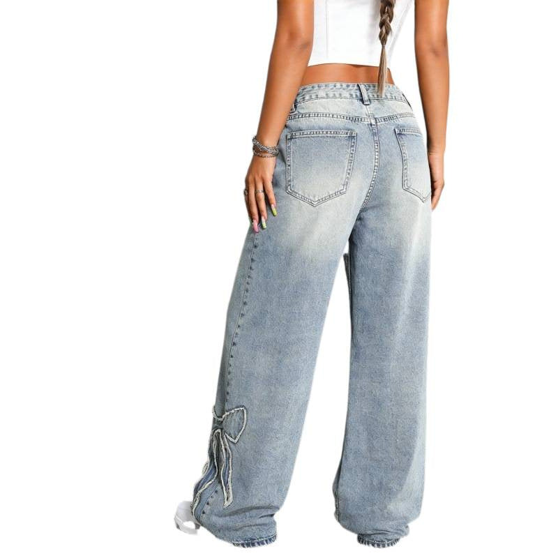 Light Wash Bow Detail Straight Leg Jeans