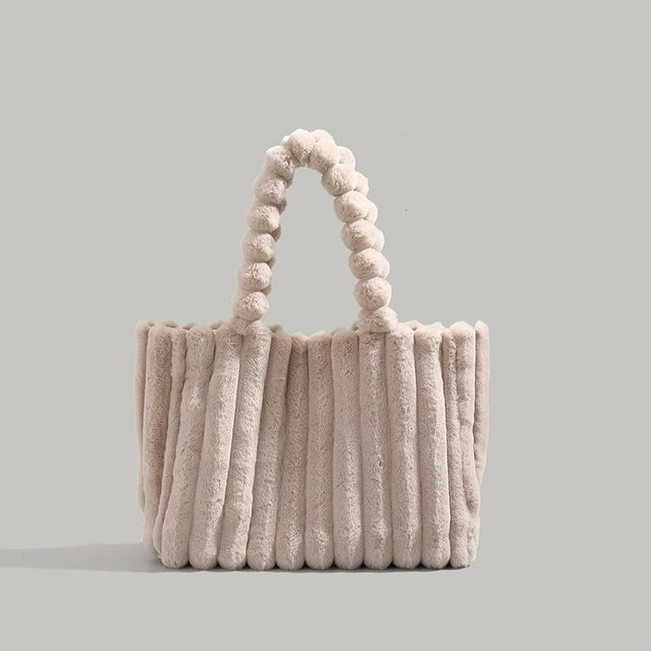 Faux Fur Pom Pom Shoulder Tote Bag