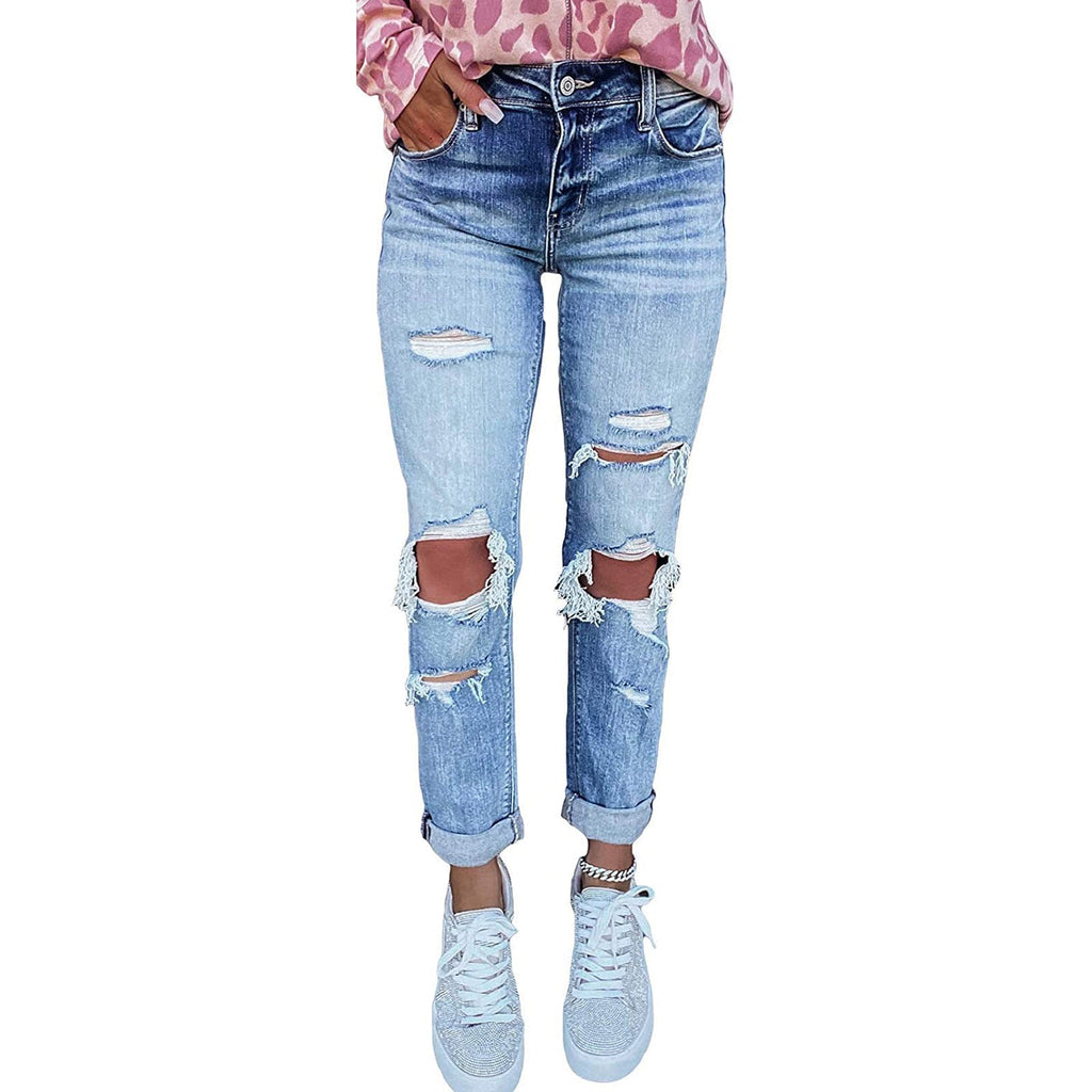High-Rise Distressed Boyfriend Jeans