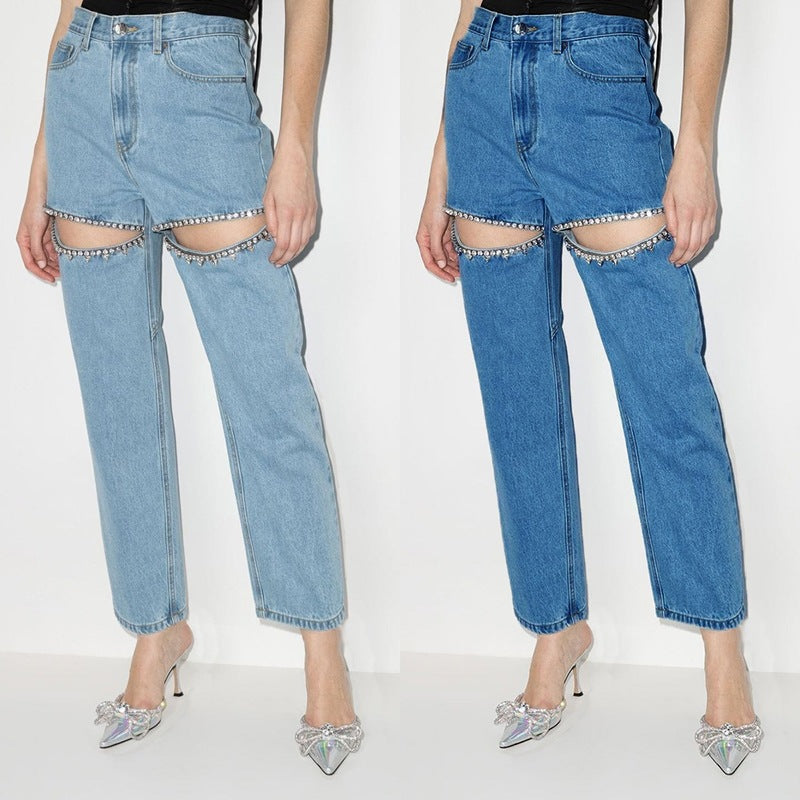 Rhinestone Cut-Out Jeans