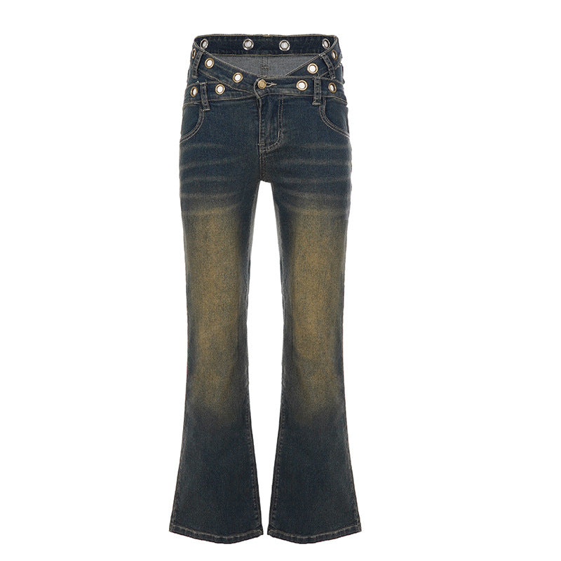 Button Detail Wide Leg Jeans