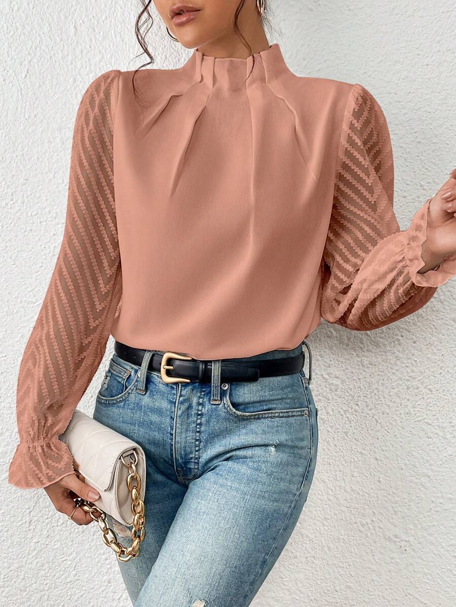 Mock Neck Sheer Sleeve Blouse