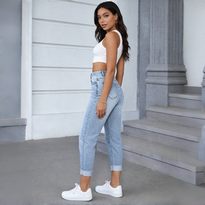 High Waist Frayed Denim Jeans