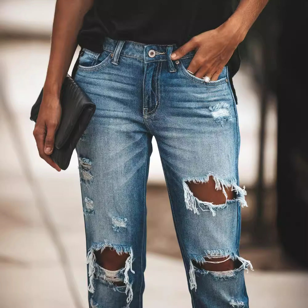 High-Waisted Destroyed Boyfriend Jeans