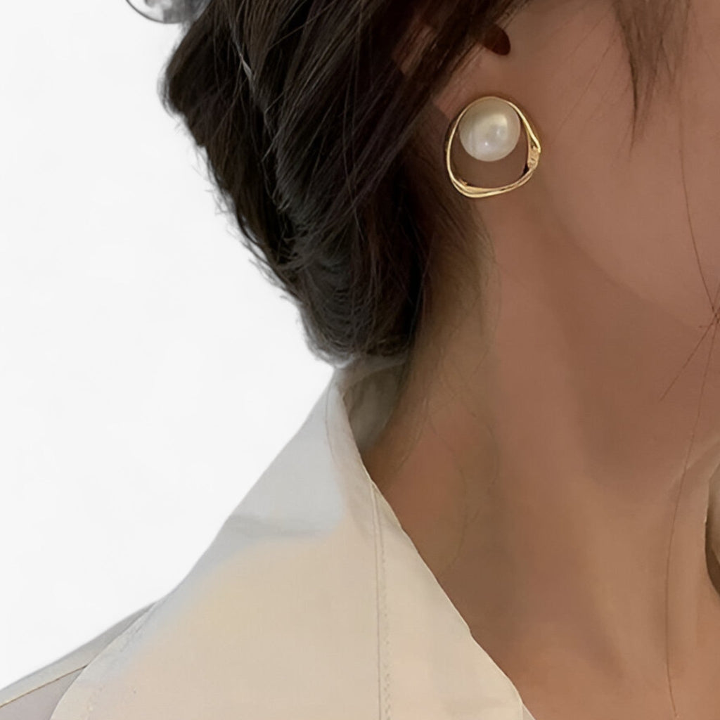 Abstract Gold Pearl Drop Earrings