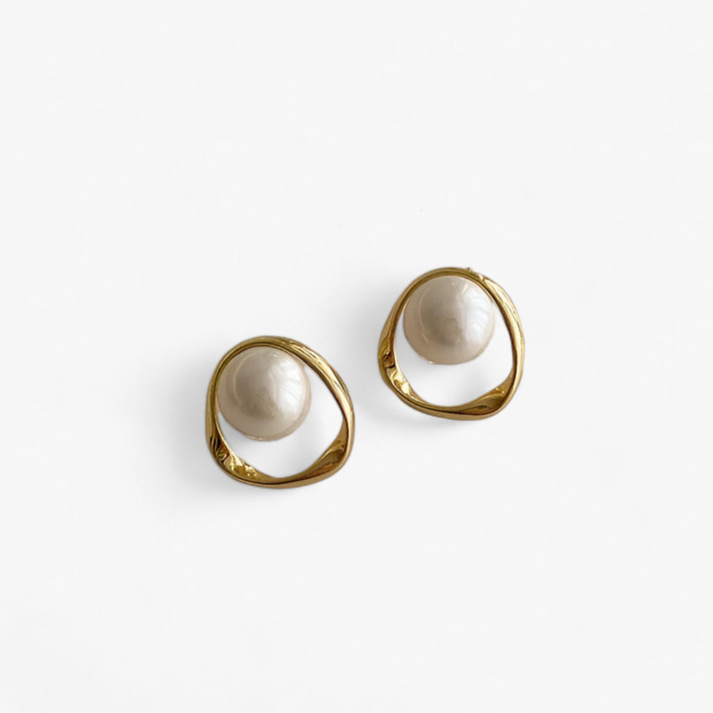 Abstract Gold Pearl Drop Earrings