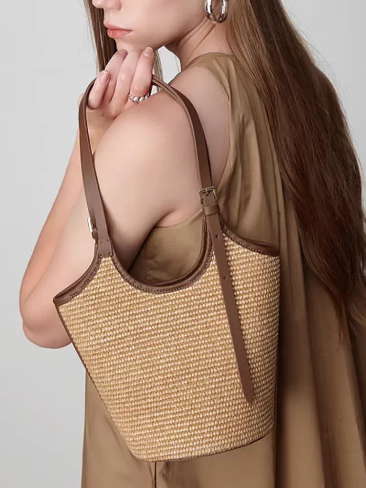 Boho Rattan Shoulder Tote Bag