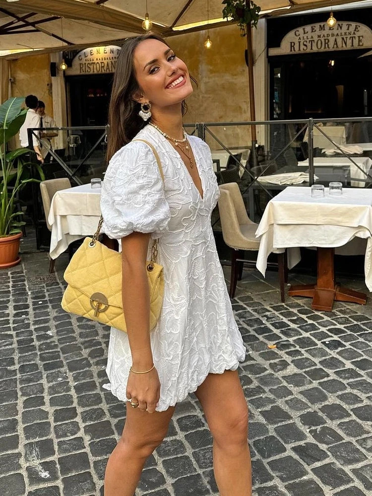 White Embroidered Puff Sleeve Mini Dress