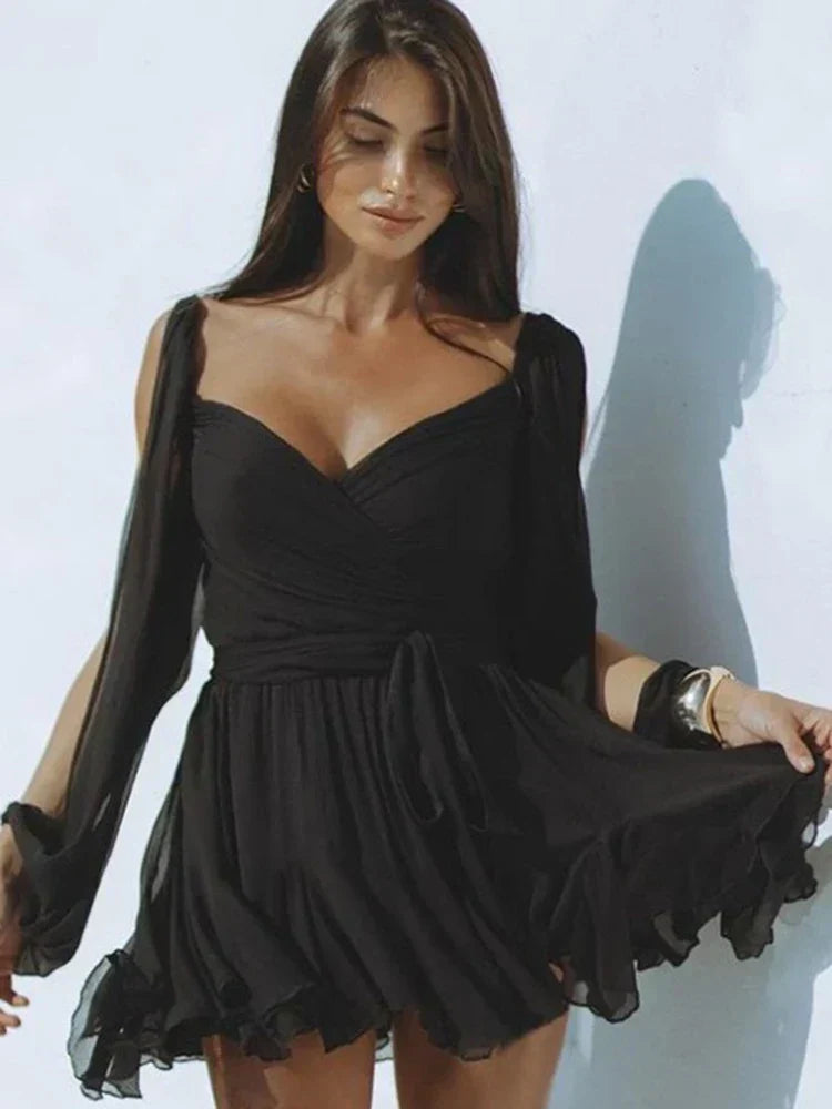 Long Sleeve Pleated Mini Dress
