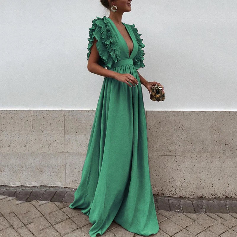 Pleated Ruffle Maxi Dress