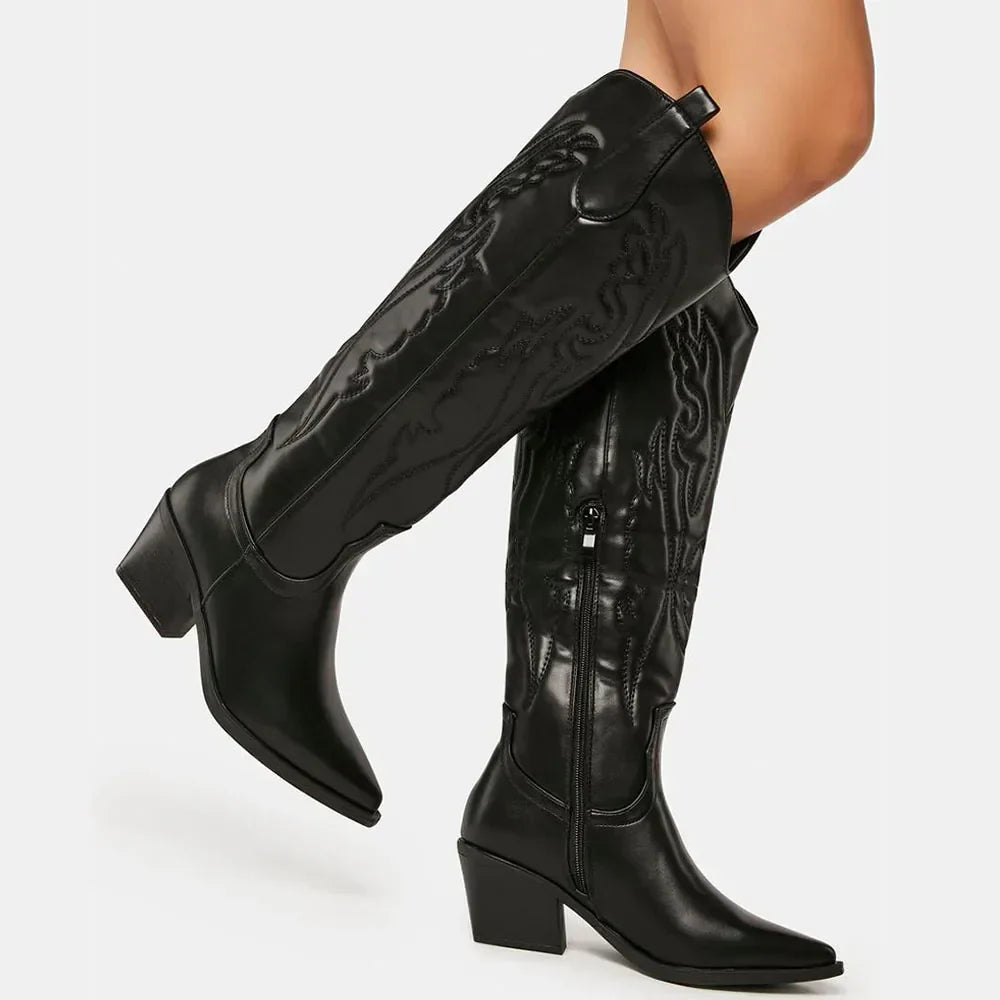 Knee High Block Heel Cowboy Boots