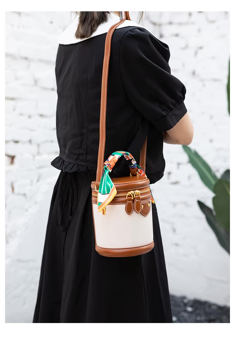 Canvas Leather Mini Bucket Shoulder Crossbody Bag