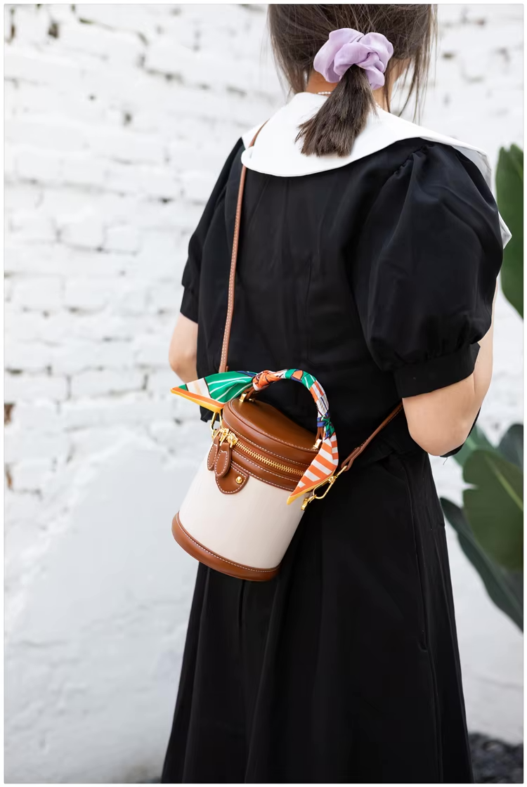 Canvas Leather Mini Bucket Shoulder Crossbody Bag