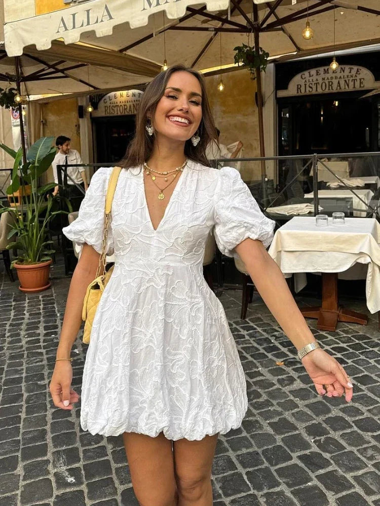 White Embroidered Puff Sleeve Mini Dress