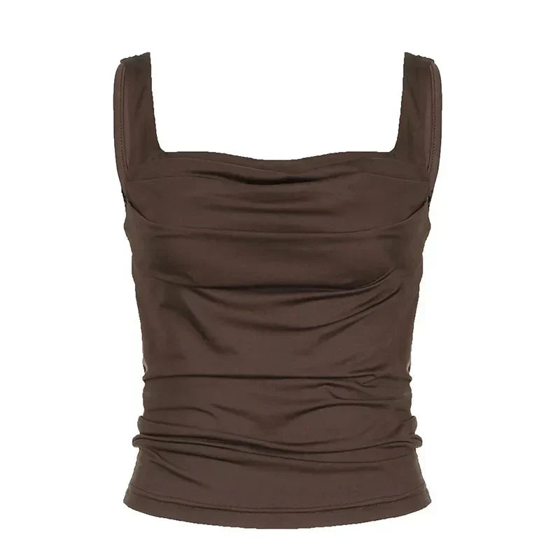 Brown Ruched Square Neck Cropped Top