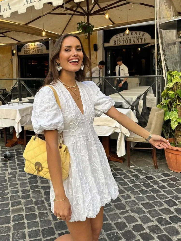 White Embroidered Puff Sleeve Mini Dress