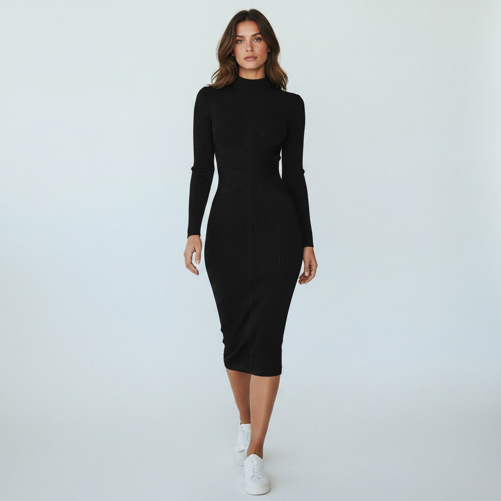 Ribbed Mock Neck Midi Dress