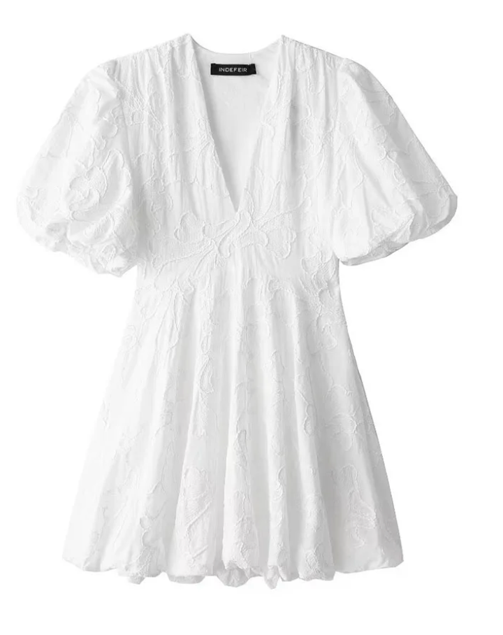 White Embroidered Puff Sleeve Mini Dress