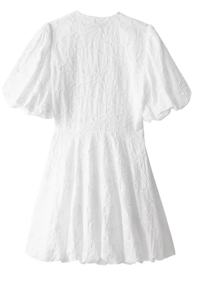 White Embroidered Puff Sleeve Mini Dress
