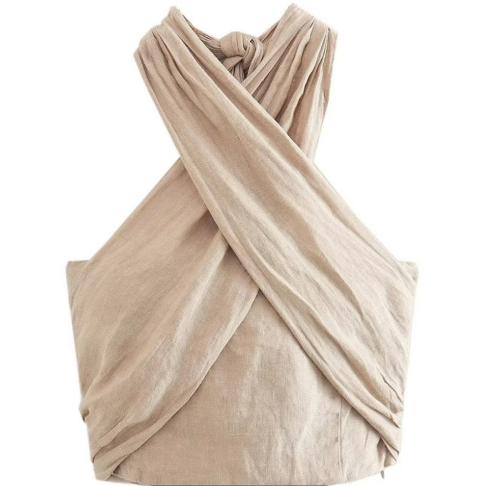 Summer Beige Crisscross Halter Crop Top