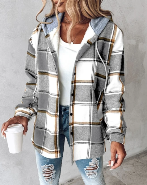 Hooded Plaid Flannel Shirt Jacket