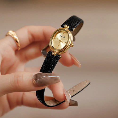 Black Strap Gold Oval Watch